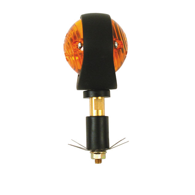 Full size bulls-eye, in-bar turn signals. Black. Amber lens