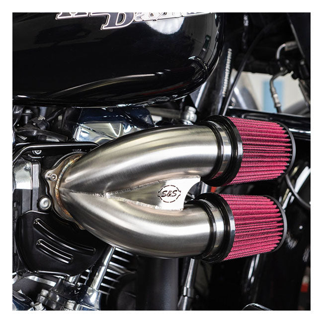 S&S, tuned induction air cleaner kit. Stainless — 18-24 (NU) Softail; 17-25 Touring (excl. Twin Cooled or models with fairing lowers/speaker pods; 24-25 FLHX; 2025 FLHXU; 24-25 FLTRX; 23-25 FLHXSE; 23-25 FLTRXSE); 17-25 Trikes