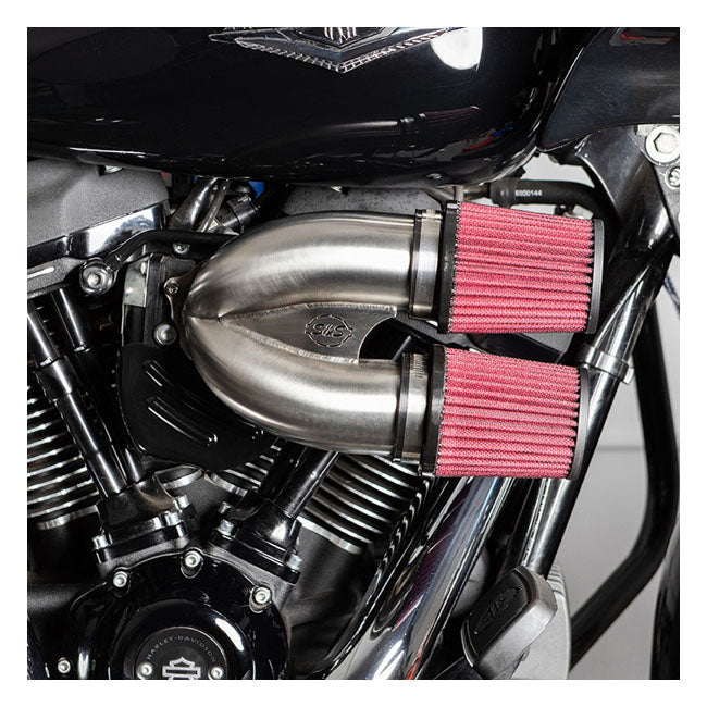 S&S, tuned induction air cleaner kit. Stainless — 18-24 (NU) Softail; 17-25 Touring (excl. Twin Cooled or models with fairing lowers/speaker pods; 24-25 FLHX; 2025 FLHXU; 24-25 FLTRX; 23-25 FLHXSE; 23-25 FLTRXSE); 17-25 Trikes