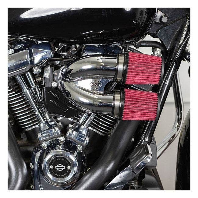 S&S, tuned induction air cleaner kit. Chrome — 18-24 (NU) Softail; 17-25 Touring (excl. Twin Cooled or models with fairing lowers/speaker pods; 24-25 FLHX; 2025 FLHXU; 24-25 FLTRX; 23-25 FLHXSE; 23-25 FLTRXSE); 17-25 Trikes