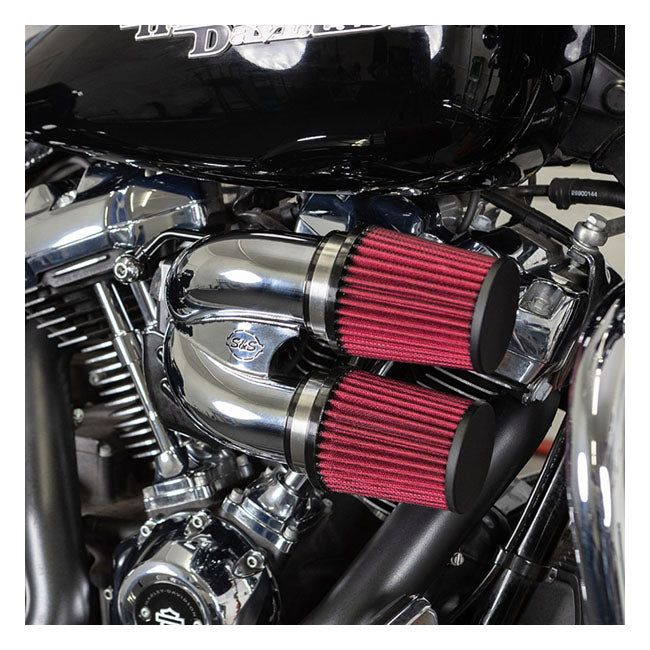 S&S, tuned induction air cleaner kit. Chrome — 18-24 (NU) Softail; 17-25 Touring (excl. Twin Cooled or models with fairing lowers/speaker pods; 24-25 FLHX; 2025 FLHXU; 24-25 FLTRX; 23-25 FLHXSE; 23-25 FLTRXSE); 17-25 Trikes