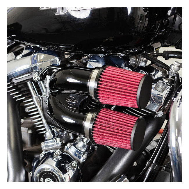 S&S, tuned induction air cleaner kit. Black — 18-24 (NU) Softail; 17-25 Touring (excl. Twin Cooled or models with fairing lowers/speaker pods; 24-25 FLHX; 2025 FLHXU; 24-25 FLTRX; 23-25 FLHXSE; 23-25 FLTRXSE); 17-25 Trikes