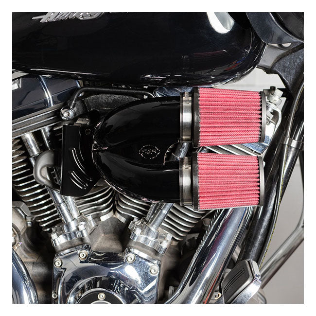 S&S, tuned induction air cleaner kit. Black — 16-17 Softail; 2017 FXDLS; 08-16 FLT/Touring; Trike. (e-throttle). Will not fit models with fairing lower glove boxes and/or all Twin Cooled models (NU)