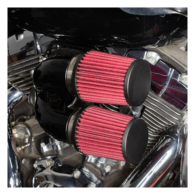S&S, tuned induction air cleaner kit. Black — 16-17 Softail; 2017 FXDLS; 08-16 FLT/Touring; Trike. (e-throttle). Will not fit models with fairing lower glove boxes and/or all Twin Cooled models (NU)
