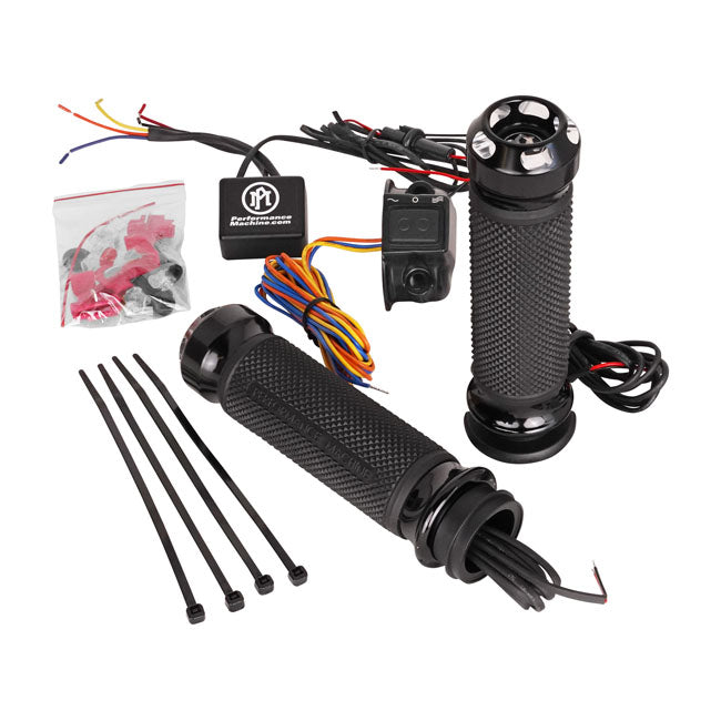 PM, Apex heated grips. Black contrast cut — 08-25 H-D with e-throttle (excl. 2025 Softail; 11-17 Softail CVO models; 23-25 FLHXSE; 24-25 FLHX; 2025 FLHXU; 15-25 FLTRX; 18-25 FLTRXSE; 24-25 FLTRXSTSE; 21-25 RA Pan America & RH Sportster/Nightster models)