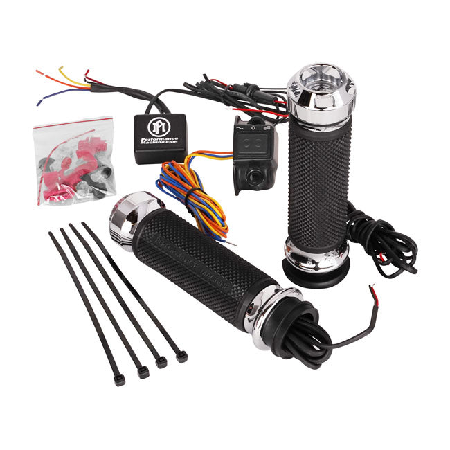 PM, Apex heated grips. Chrome — 08-25 H-D with e-throttle (excl. 2025 Softail; 11-17 Softail CVO models; 23-25 FLHXSE; 24-25 FLHX; 2025 FLHXU; 15-25 FLTRX; 18-25 FLTRXSE; 24-25 FLTRXSTSE; 21-25 RA Pan America & RH Sportster/Nightster models)