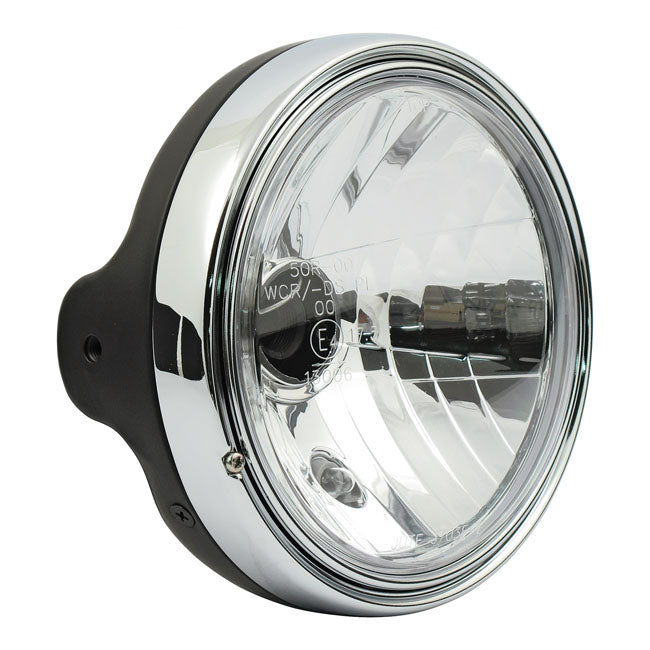 LTD style 7" H4 headlamp. side mount. Clear lens. Black