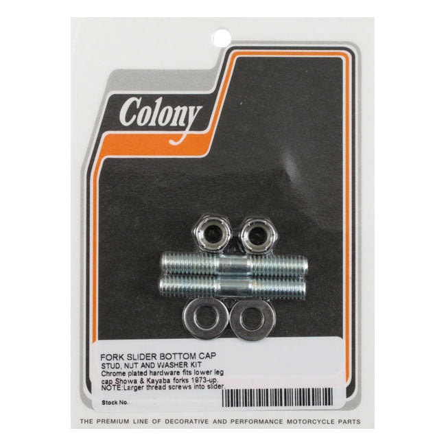 Colony, fork axle cap stud set. Hex — 73-87 FX; FXR; XL Sportster; L77-84 FL; 80-86 FXWG; 84-05 Softail; 93-05 FXDWG; 80-13 FLT/Touring (NU)