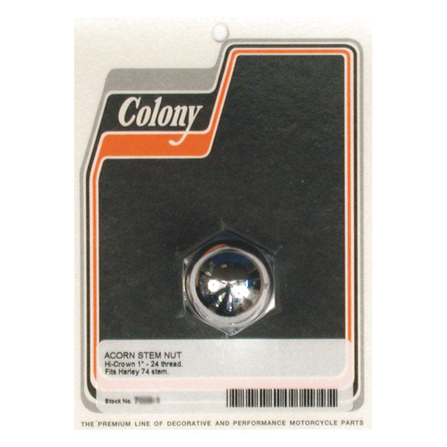Colony, fork stem nut. Flat bottom. Acorn — 49-84 FL; 80-86 FXWG; 84-15 Softail (Excl. FLST & Springers); 13-17 FXSB; 93-17 FXDWG; 06-17 Dyna; 80-13 FLT/Touring (NU)