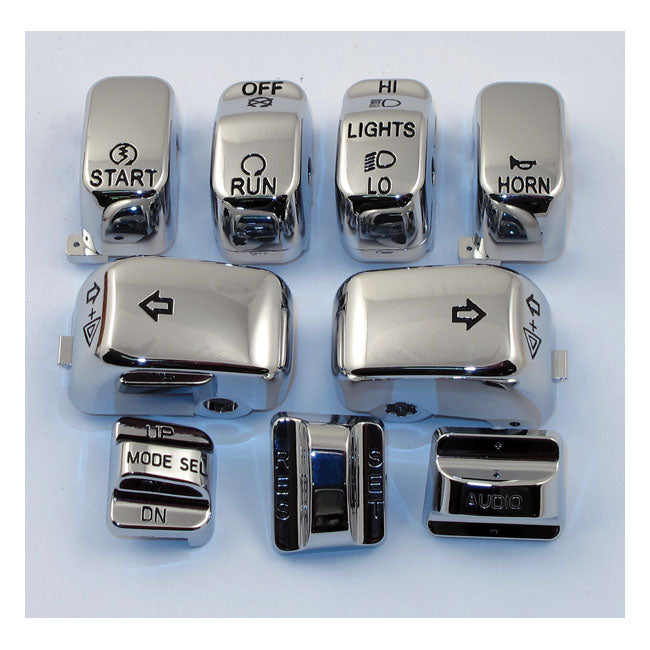 Handlebar switch cap kit, chrome — 96-13 FLHT; FLHTC; FLHX; FLTRX; 10-11 FLHXXX. (with Cruise Control) (NU)