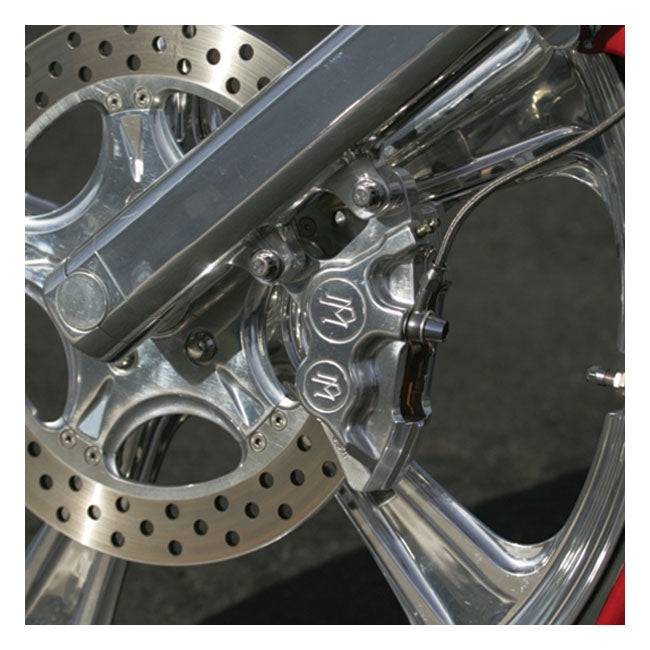 PM, 4-p 137x4b caliper. Bolt-on, 11.5" left front. Polished — 84-99 Big Twin; XL Sportster (Excl. Springers. all FXR; Dyna and XL Sportster with wire wheels) (NU)