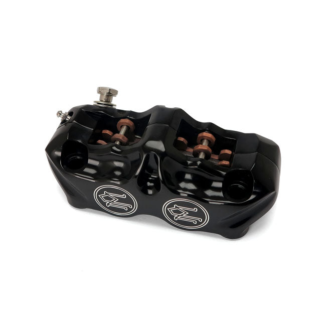 Performance Machine, 4-piston radial mount caliper. Black CC — 08-25 Touring rear with 929938/929937 bracket; Custom applications front/rear with 108mm mount distance