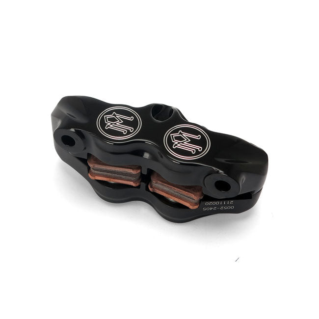 Performance Machine, 4-piston radial mount caliper. Black CC — 08-25 Touring rear with 929938/929937 bracket; Custom applications front/rear with 108mm mount distance
