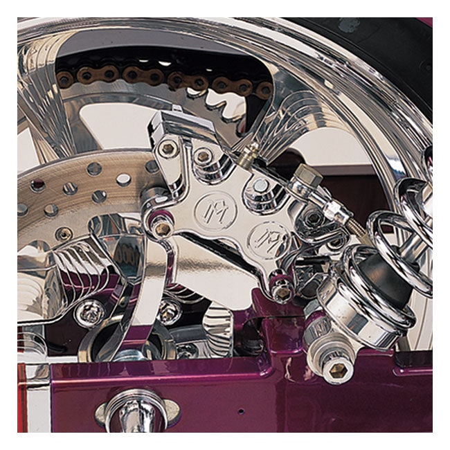 PM, Rear 4-p caliper bracket, 11.5". Chrome — 91-99 Dyna (NU)