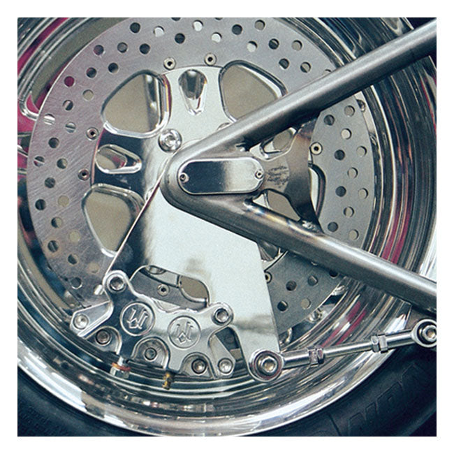 PM, Rear 4-p caliper bracket, 11.5". Polished — Universal with 11.5" rotor and 3/4" axle