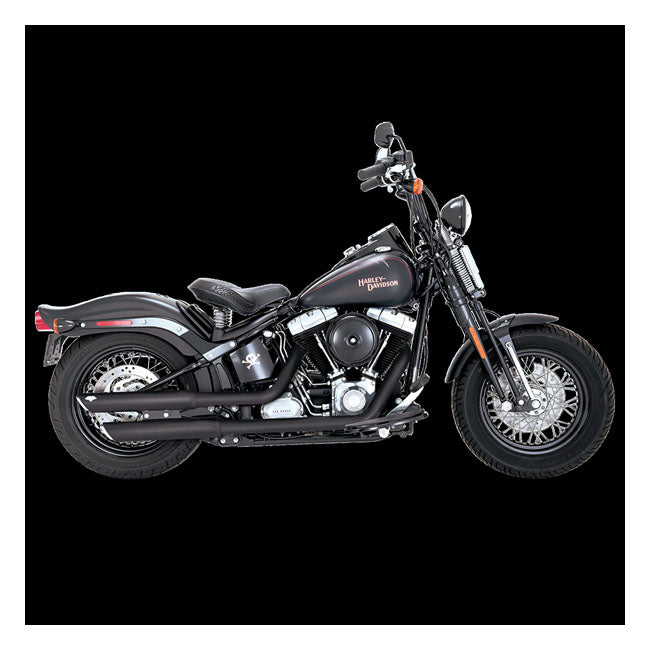 Vance & Hines, 3" twin slash slip-on PCX mufflers. black — Softail: 07-17 FLSTN Deluxe ; 12-17 FLS Slim; 16-17 FLSS Slim S; 08-11 FLSTSB Crossbones. (excl. 2011 FXS Blackline 2014 FLSTNSE CVO Deluxe)
