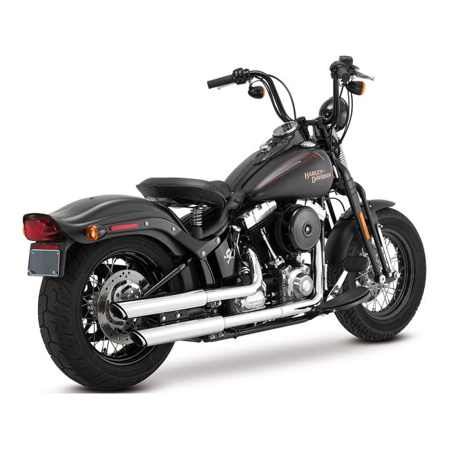 Vance & Hines, 3" twin slash slip-on PCX mufflers. chrome — Softail: 07-17 FLSTN Deluxe ; 12-17 FLS Slim; 16-17 FLSS Slim S; 08-11 FLSTSB Crossbones. (excl. 2011 FXS Blackline 2014 FLSTNSE CVO Deluxe)
