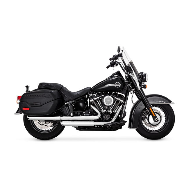 Vance & Hines, 3" twin slash slip-on PCX mufflers. chrome — Softail: 18-21(NU)FLHC Heritage Classic 107; 18-24 FLHCS Heritage Classic 114; 2024 FLI Hydra Glide Revival 114. Note: May require disabling 2nd; down stream O2 sensor of 20-up EU models