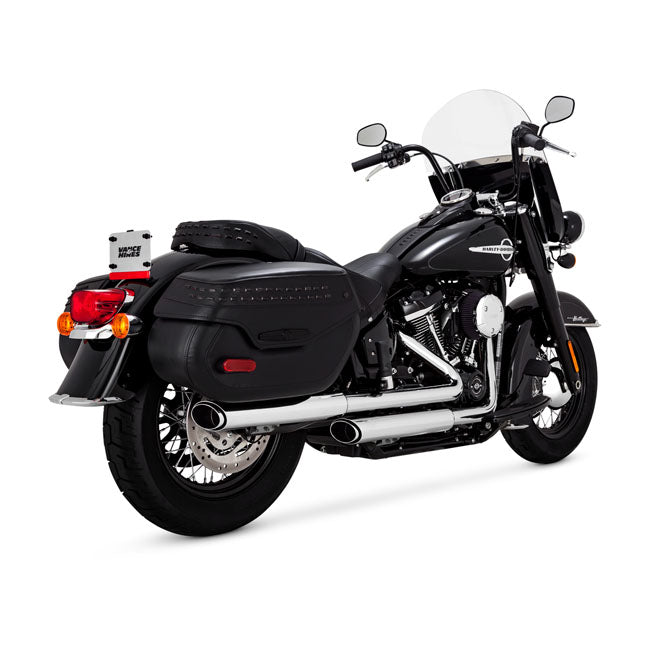 Vance & Hines, 3" twin slash slip-on PCX mufflers. chrome — Softail: 18-21(NU)FLHC Heritage Classic 107; 18-24 FLHCS Heritage Classic 114; 2024 FLI Hydra Glide Revival 114. Note: May require disabling 2nd; down stream O2 sensor of 20-up EU models