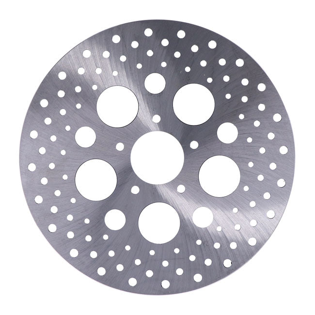 Brake rotor L/R front, 11.5" drilled stainless — 00-14 Softail; 00-05 Dyna; 00-07 FLT/Touring; 00-13 XL Sportster; 08-12 XR1200 (NU)