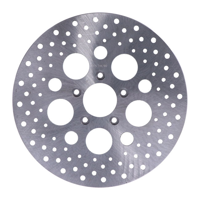 Brake rotor L/R front, 11.5" drilled stainless — 00-14 Softail; 00-05 Dyna; 00-07 FLT/Touring; 00-13 XL Sportster; 08-12 XR1200 (NU)