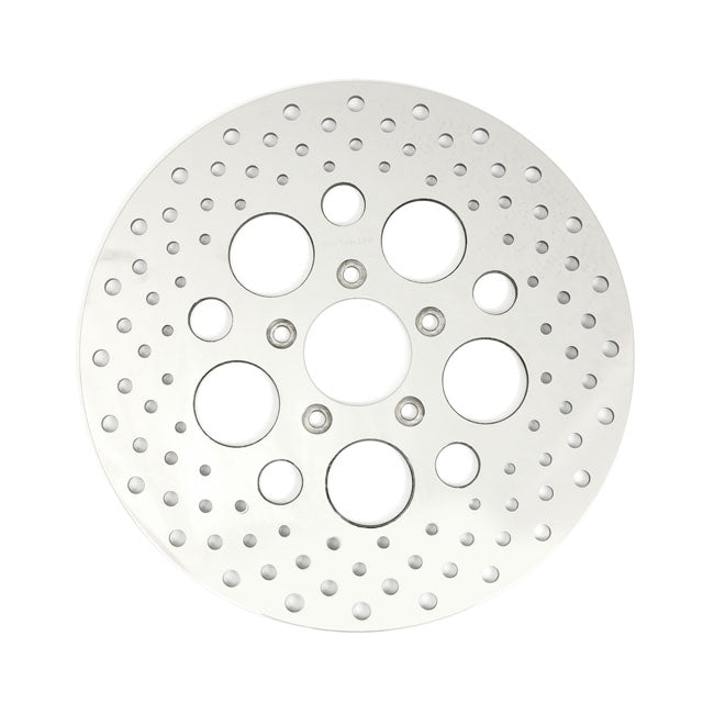 Brake rotor L/R front, 11.5" drilled stainless — 00-14 Softail; 00-05 Dyna; 00-07 FLT/Touring; 00-13 XL Sportster; 08-12 XR1200 (NU)