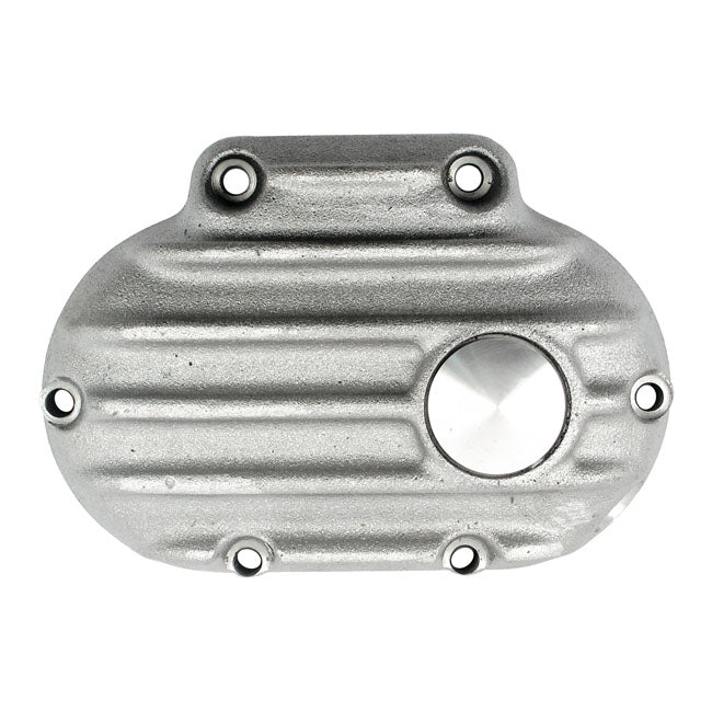 EMD transmission end cover, cable clutch. Raw — 07-17 Softail; 06-17 Dyna; 07-13 (NU) FLT/Touring; 14-16 (NU) FLHR/C FLT/Touring without fairings