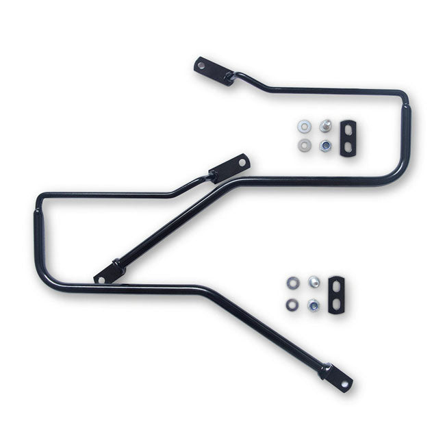 LongRide, saddlebag holder. Black — Triumph: 2022 Bonneville T100; T120 - Street Twin - Street Cup. Thruxton; Speed Twin: use the delivered extenders at top side of brackets.