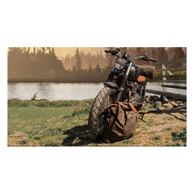 Longride, ''Old Chopper'' waxed cotton saddlebag. Khaki — Royal Enfield: Interceptor 650; Royal Enfield Continental GT 650 Moto Guzzi: V7 850 Stone from 2021-up; V7 850 Special from 2021-up