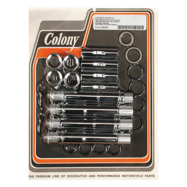 Colony, XL multiple-parts pushrod cover conversion kit — 91-03 XL Sportster. With OEM one-piece or custom adjustable pushrods. Requires 989341 adapter kit (NU)
