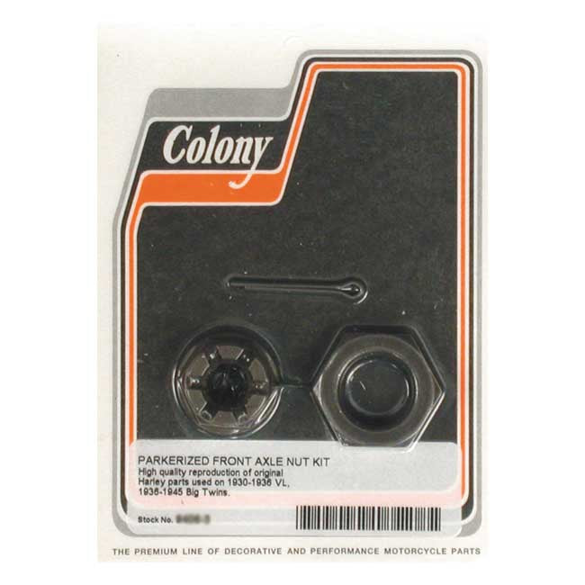 Colony axle nut kit. Front — 36-45 Big Twin; 30-36 Big Twin SV (NU)