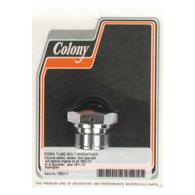Colony, 35mm fork tube cap bolt. Chrome — 52-56 K; KH; 57-72 XL Sportster; 71-72 FX (NU)