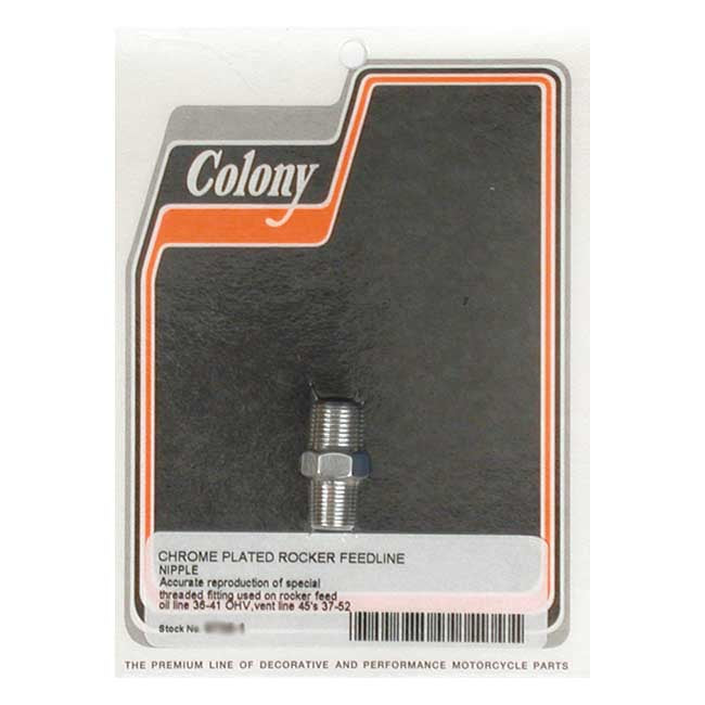 Colony, Knuckle rocker box oil feed fitting. Chrome — 36-41 Knucklehead; 37-64 45" Flathead (NU)