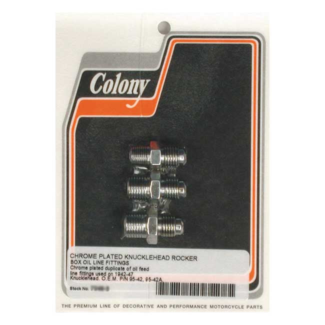 Colony, Knuckle rocker box oil feed fitting. Chrome — 42-47 Knucklehead (NU)
