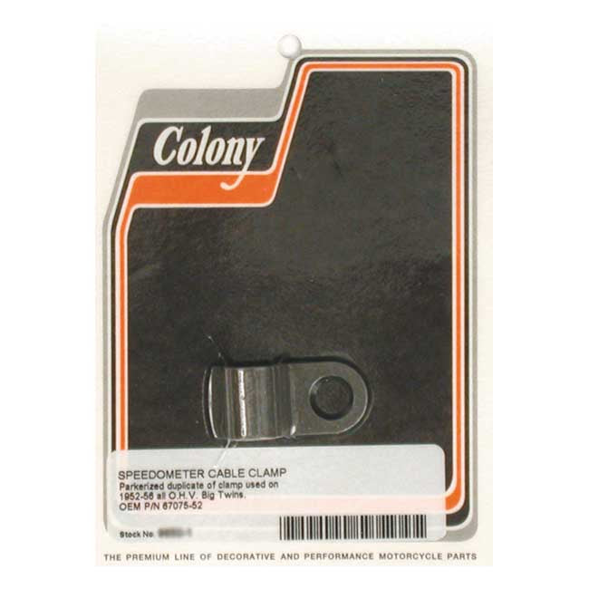 Colony, speedo cable clamp. Black parkerized — 52-56 OHV Big Twin (NU)