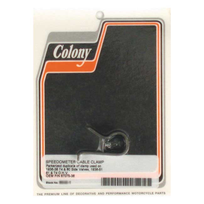 Colony, speedo cable clamp. Black parkerized — 36-38 74"/80" Flathead Big Twin; 36-51 61"/74" OHV Big Twin (NU)