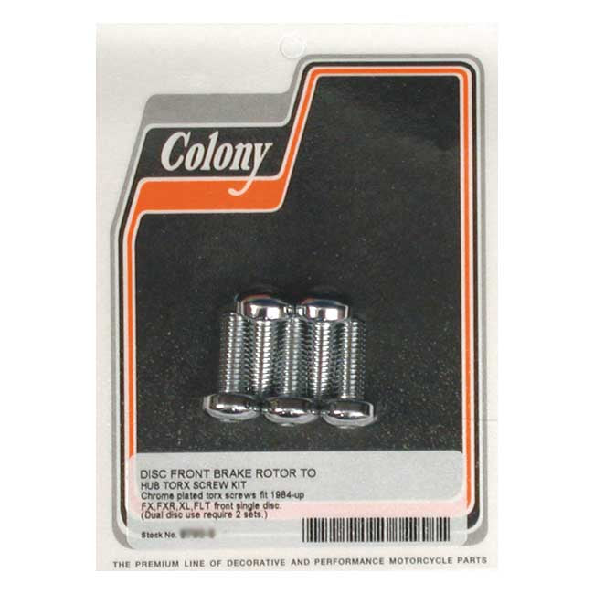 Colony, front brake rotor bolt kit. Chrome — Front: 84-15 (NU) FX; 84-94 (NU) FXR; 18-25 various Softail; 84-25 FLT/Touring; 84-22 (NU) XL Sportster; 06-17 (NU) Dyna. Models with cast wheel hub mount
