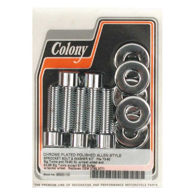 Colony sprocket bolt kit — 73-92 Big Twin; 79-90 XL Sportster (CAST wheel; CHAIN & BELT); 93-98 Big Twin SPOKE wheel (Excl. 97-98 Softail)
