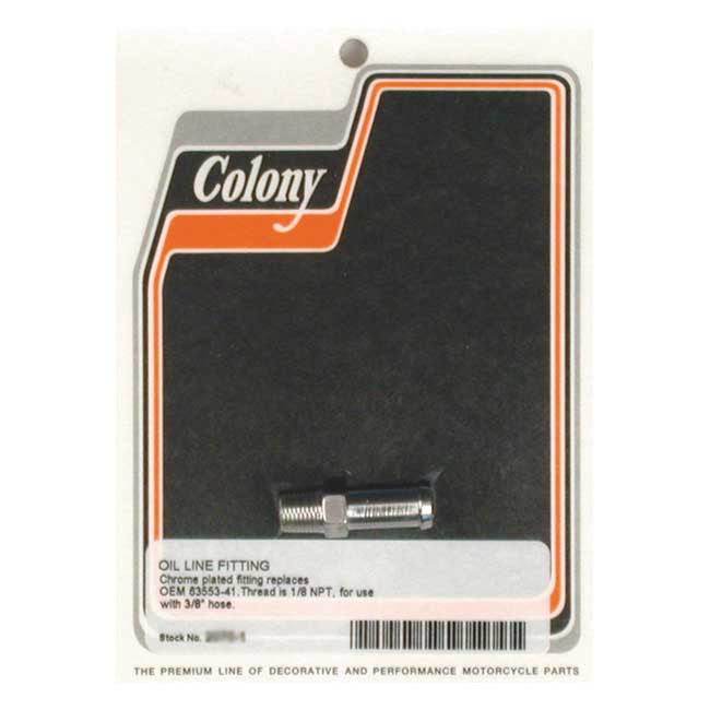 Colony, oil line fitting, straight. Chrome