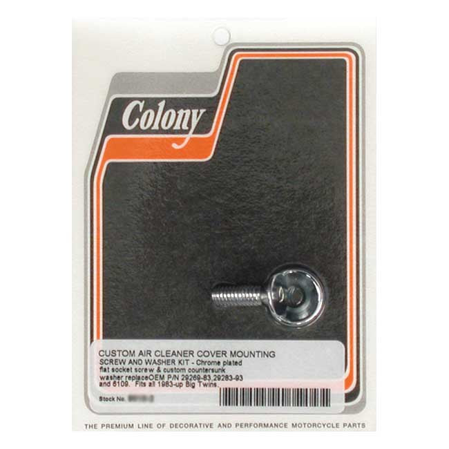 Colony, air cleaner cover mount bolt — 84-99 Evo Big Twin; 99-17 Twin Cam; 17-24 M8; 09-25 Trikes. Models with OEM style ''round'' or ''air scoop'' air cleaner covers with center mount bolt (NU)