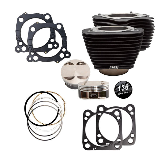 S&S, M8 136" big bore cylinder & piston kit. Black fins