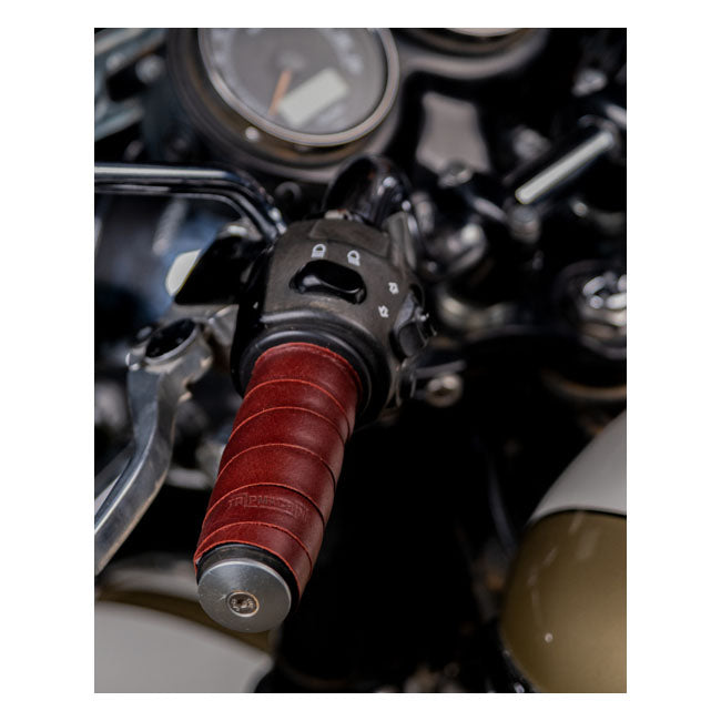 Trip Machine, leather handlebar grip wraps. Cherry red