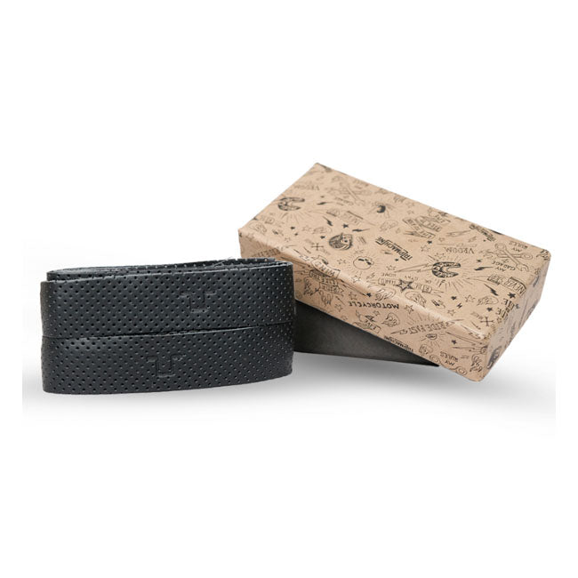 Trip Machine, leather handlebar grip wraps. Black perforated