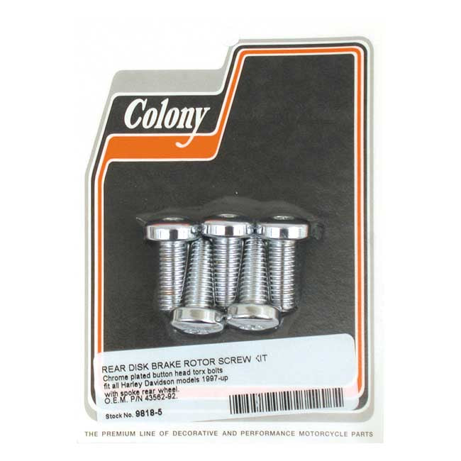 Colony, front/rear brake rotor bolt kit. Button head Torx — Rear: 92-25 Big Twin; 92-22 (NU) XL Sportster; 02-17 (NU) V-Rod models; 73-80 FX. Front: 73-84 FL.